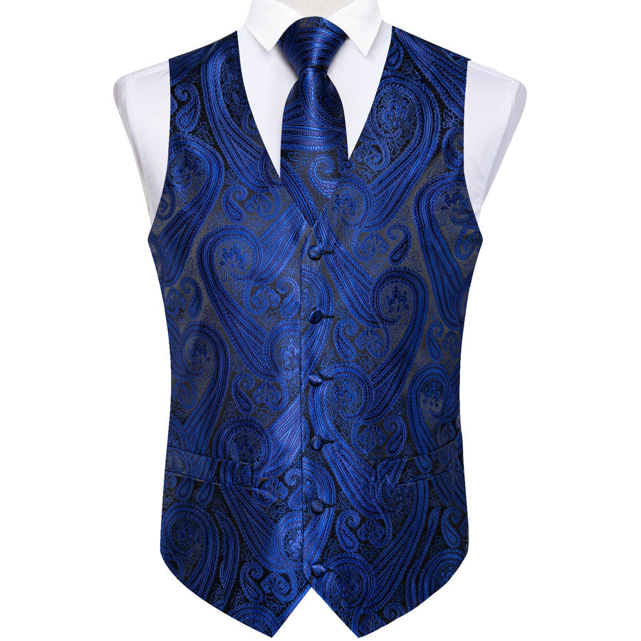 Black Royal Blue Paisley Silk Vest Set vest set    - Sophisticated Gentlemen