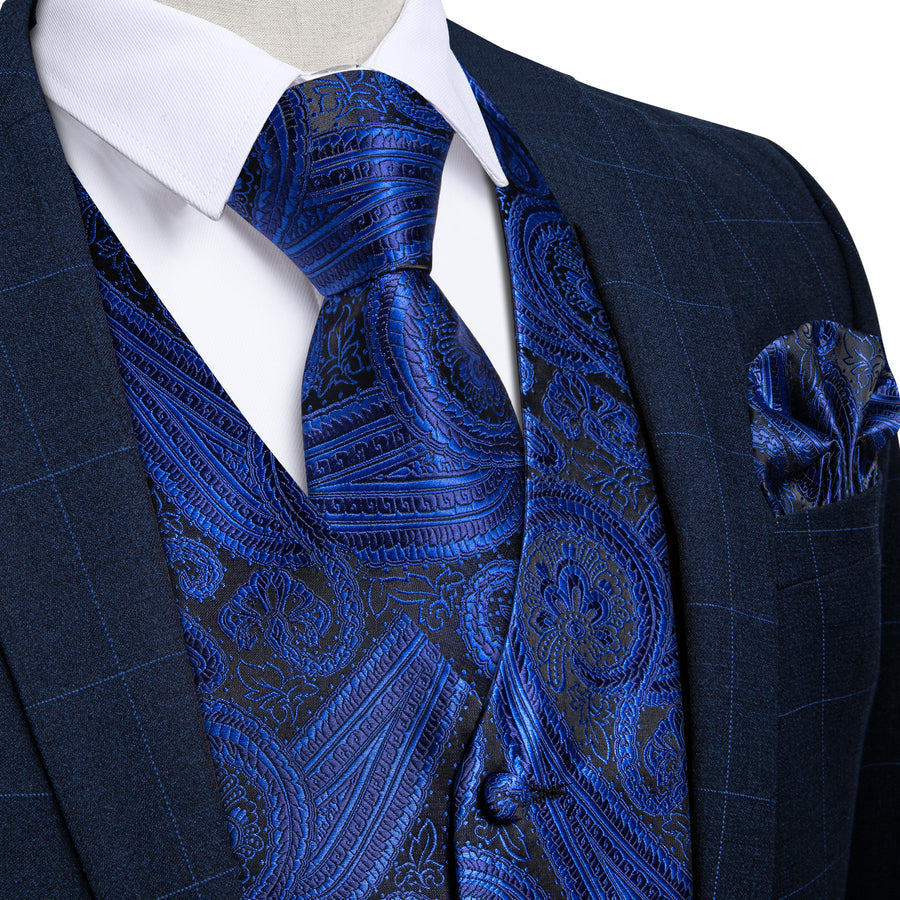 Black Royal Blue Paisley Silk Vest Set vest set S (Chest 40")   - Sophisticated Gentlemen