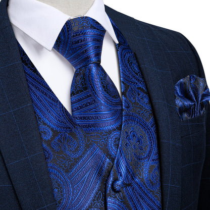 Black Royal Blue Paisley Silk Vest Set vest set S (Chest 40")   - Sophisticated Gentlemen