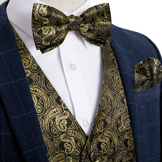 Black Gold Paisley Jacquard Silk Vest Set vest set S (Chest 40")   - Sophisticated Gentlemen