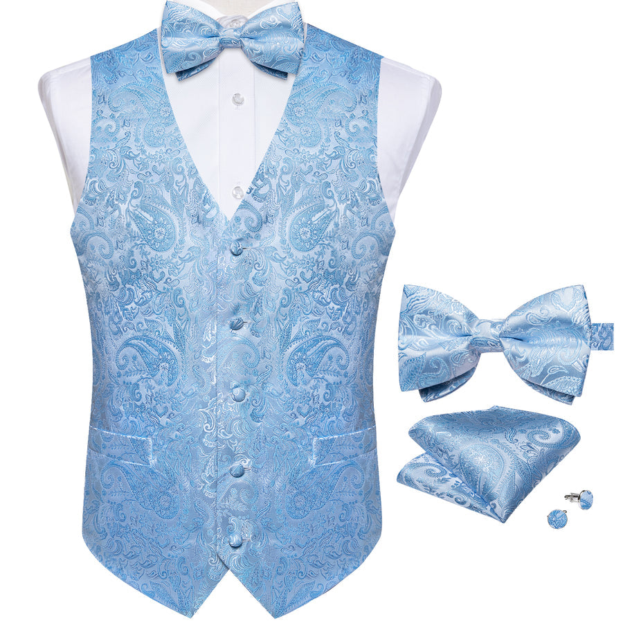 Light Blue Paisley Jacquard Silk Vest Set vest set    - Sophisticated Gentlemen