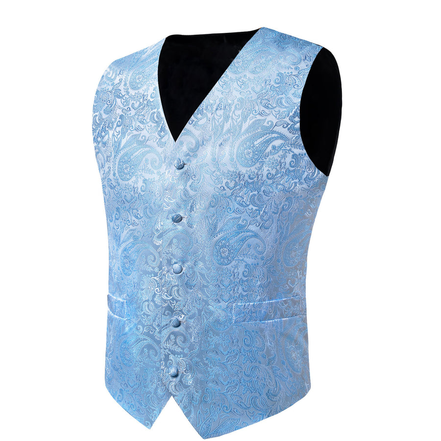 Light Blue Paisley Jacquard Silk Vest Set vest set    - Sophisticated Gentlemen