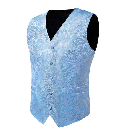 Light Blue Paisley Jacquard Silk Vest Set vest set    - Sophisticated Gentlemen
