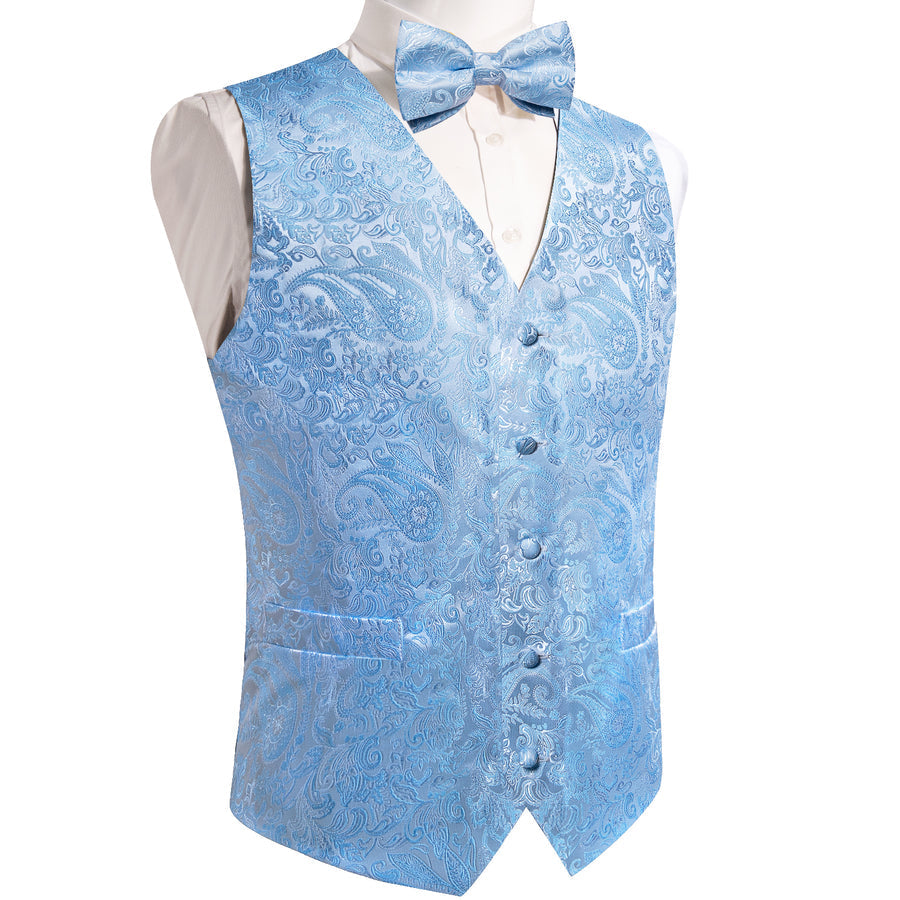 Light Blue Paisley Jacquard Silk Vest Set vest set    - Sophisticated Gentlemen