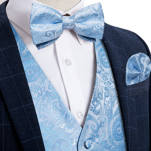 Light Blue Paisley Jacquard Silk Vest Set vest set S (Chest 40")   - Sophisticated Gentlemen