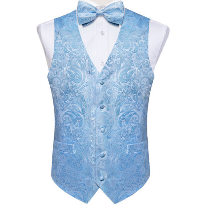 Light Blue Paisley Jacquard Silk Vest Set vest set    - Sophisticated Gentlemen