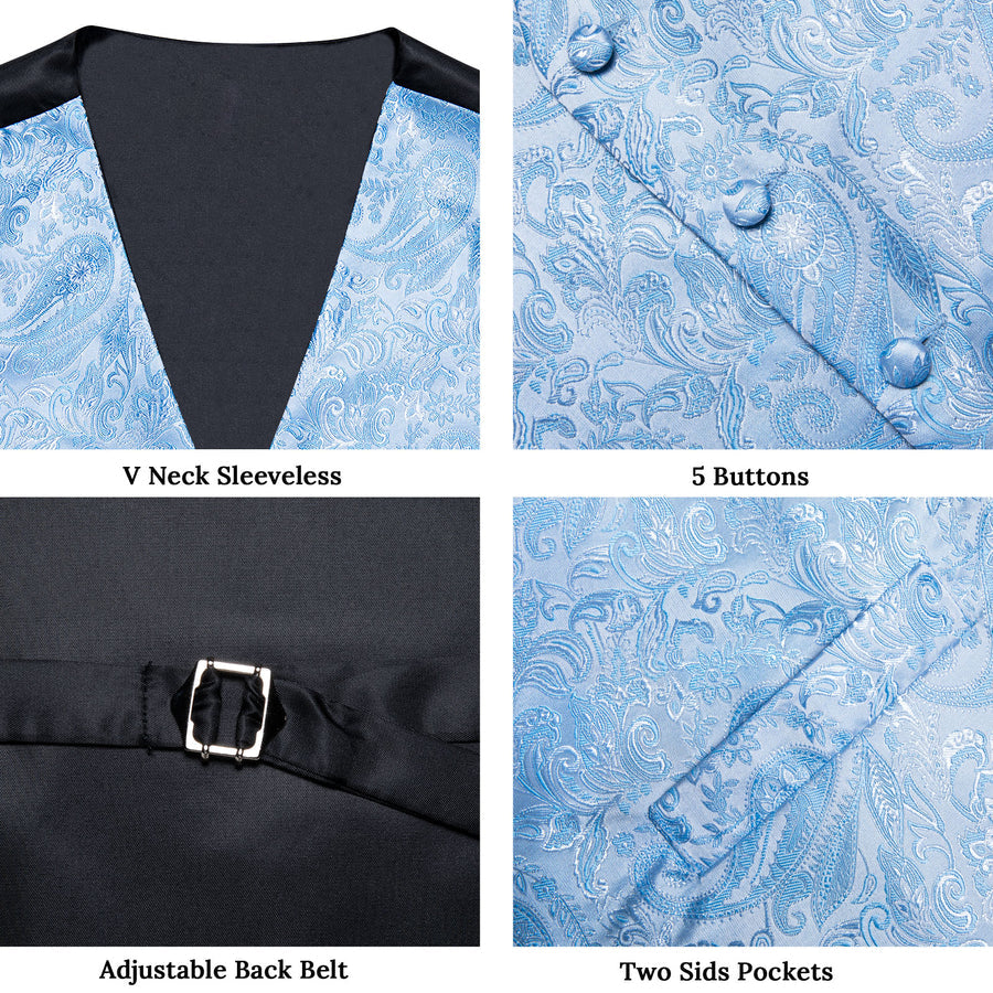 Light Blue Paisley Jacquard Silk Vest Set vest set    - Sophisticated Gentlemen