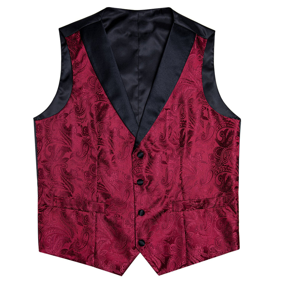 Black and Red Paisley Jacquard Vest Set with Black Collar - 4 Piece vest set    - Sophisticated Gentlemen