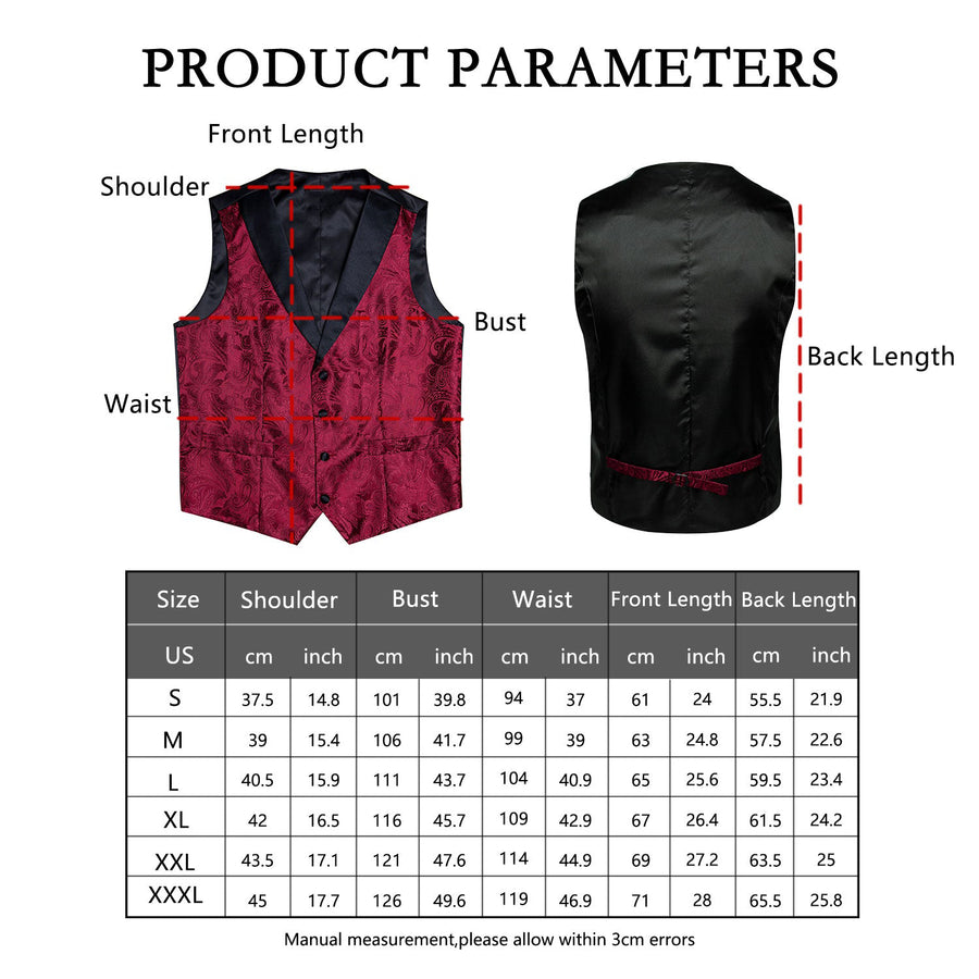 Black and Red Paisley Jacquard Vest Set with Black Collar - 4 Piece vest set    - Sophisticated Gentlemen