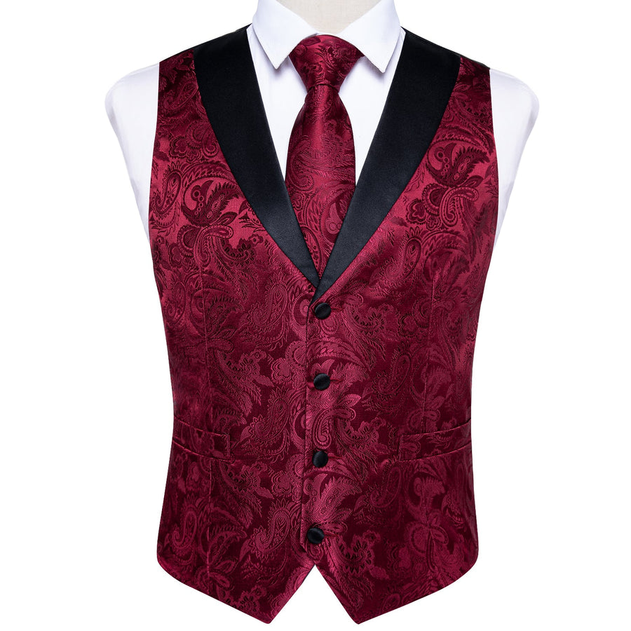 Black and Red Paisley Jacquard Vest Set with Black Collar - 4 Piece vest set    - Sophisticated Gentlemen