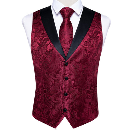 Black and Red Paisley Jacquard Vest Set with Black Collar - 4 Piece vest set    - Sophisticated Gentlemen