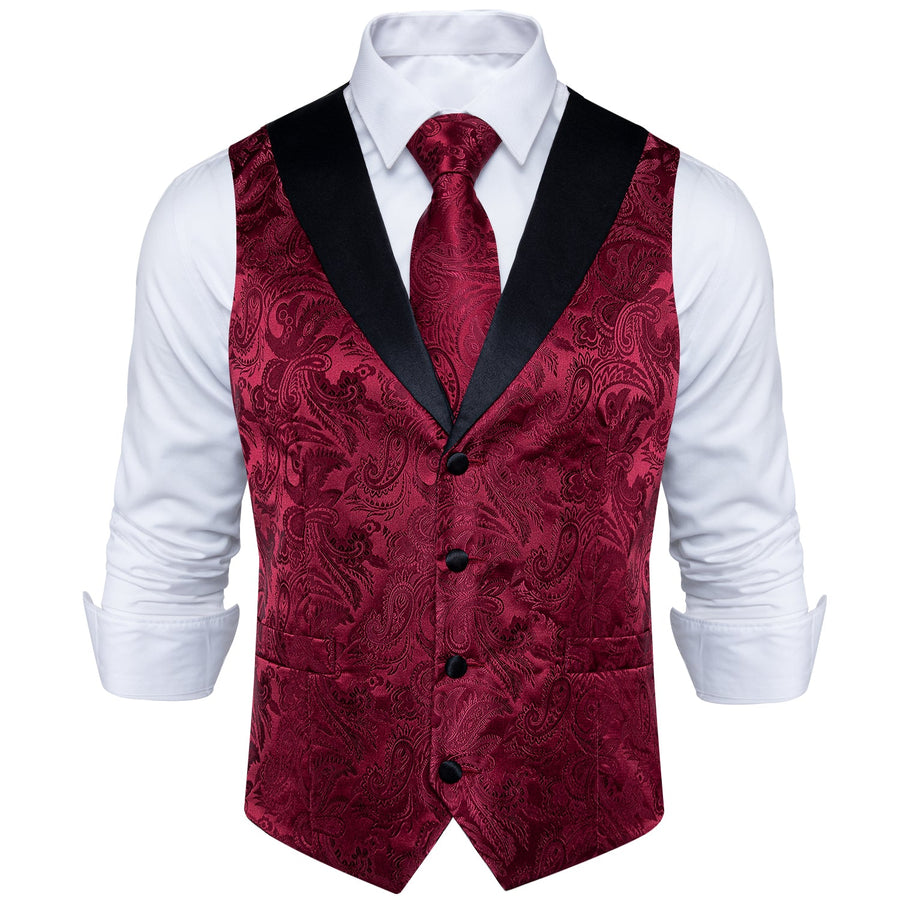 Black and Red Paisley Jacquard Vest Set with Black Collar - 4 Piece vest set    - Sophisticated Gentlemen