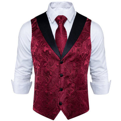 Black and Red Paisley Jacquard Vest Set with Black Collar - 4 Piece vest set    - Sophisticated Gentlemen