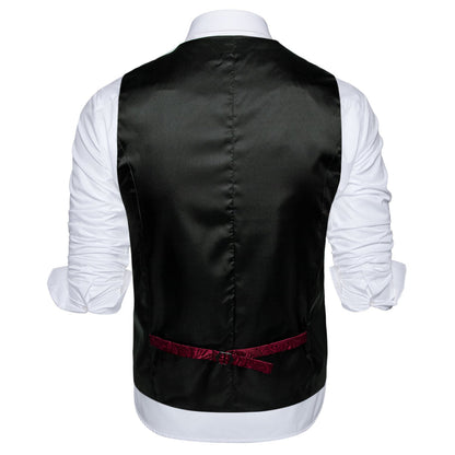 Black and Red Paisley Jacquard Vest Set with Black Collar - 4 Piece vest set    - Sophisticated Gentlemen
