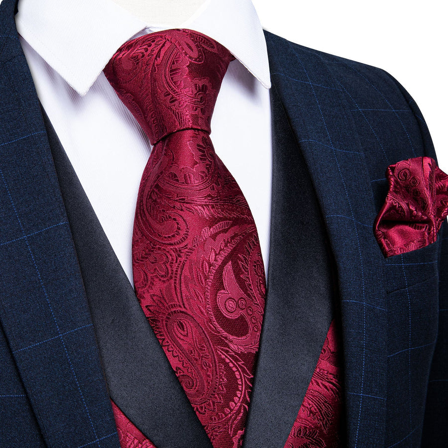 Black and Red Paisley Jacquard Vest Set with Black Collar - 4 Piece vest set S (Chest 40")   - Sophisticated Gentlemen