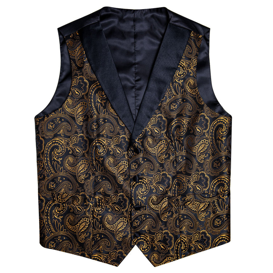 Black Collar Black Gold Paisley Jacquard V Neck Vest Set vest set    - Sophisticated Gentlemen