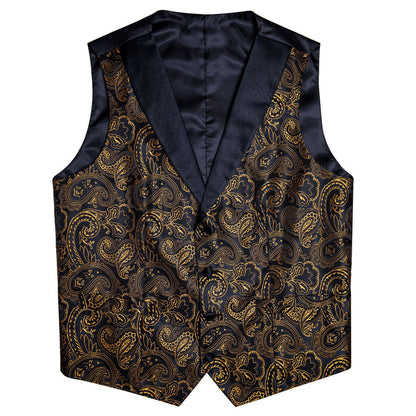 Black Collar Black Gold Paisley Jacquard V Neck Vest Set vest set    - Sophisticated Gentlemen