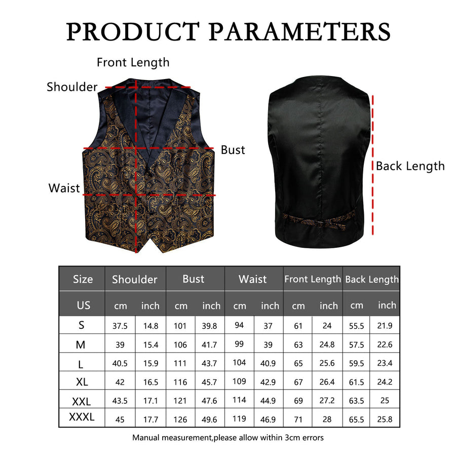 Black Collar Black Gold Paisley Jacquard V Neck Vest Set vest set    - Sophisticated Gentlemen
