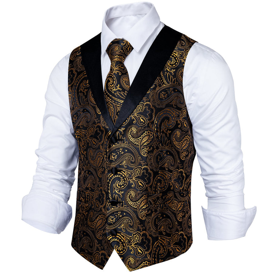 Black Collar Black Gold Paisley Jacquard V Neck Vest Set vest set    - Sophisticated Gentlemen