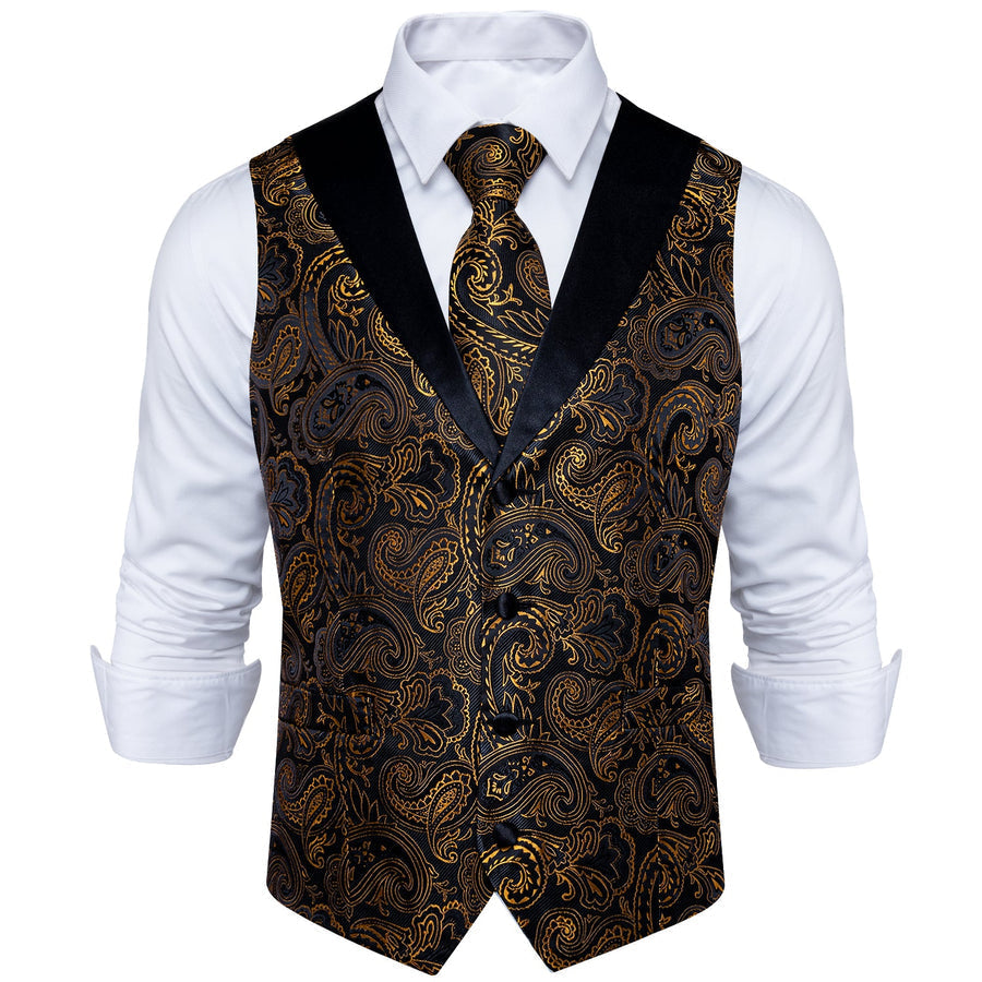 Black Collar Black Gold Paisley Jacquard V Neck Vest Set vest set    - Sophisticated Gentlemen