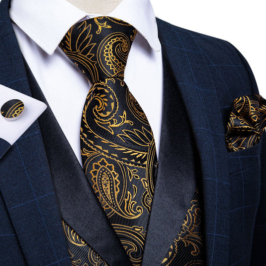 Black Collar Black Gold Paisley Jacquard V Neck Vest Set vest set S (Chest 40")   - Sophisticated Gentlemen
