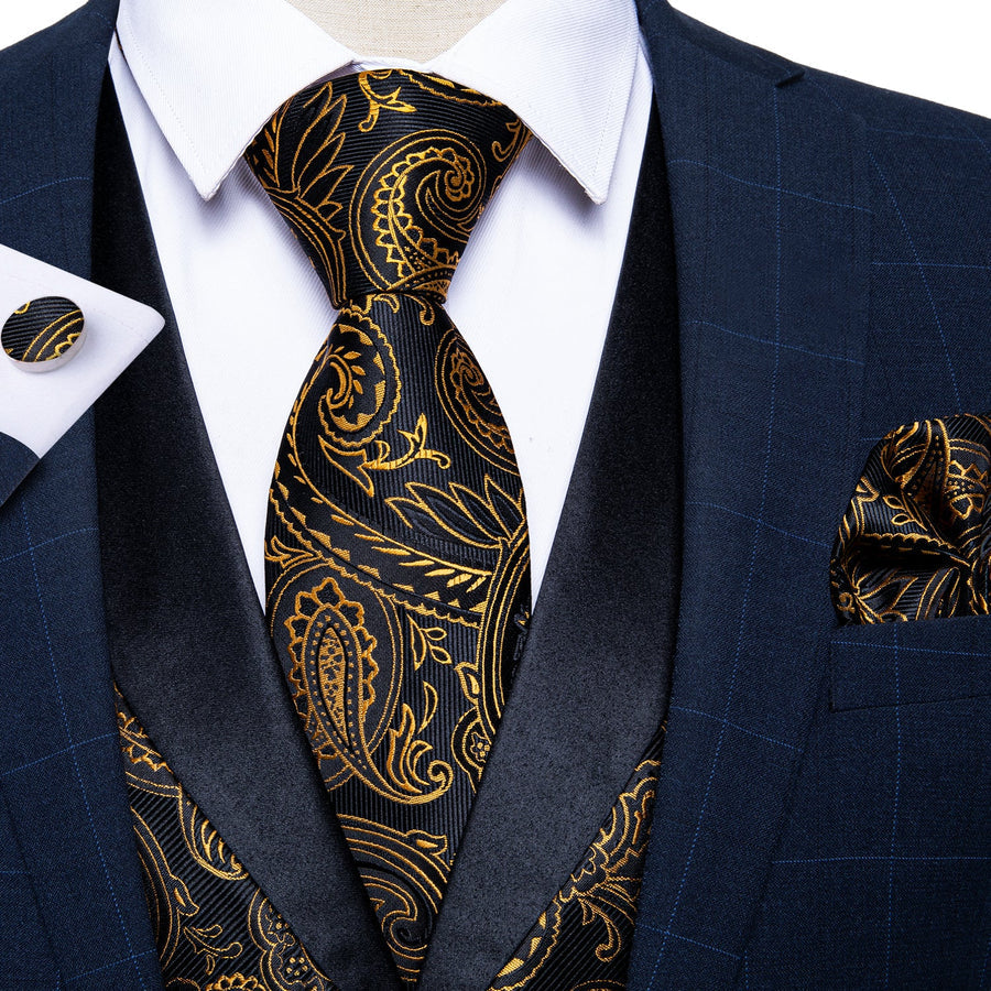 Black Collar Black Gold Paisley Jacquard V Neck Vest Set vest set    - Sophisticated Gentlemen