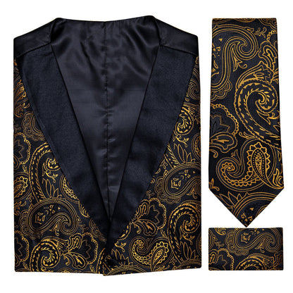 Black Collar Black Gold Paisley Jacquard V Neck Vest Set vest set    - Sophisticated Gentlemen