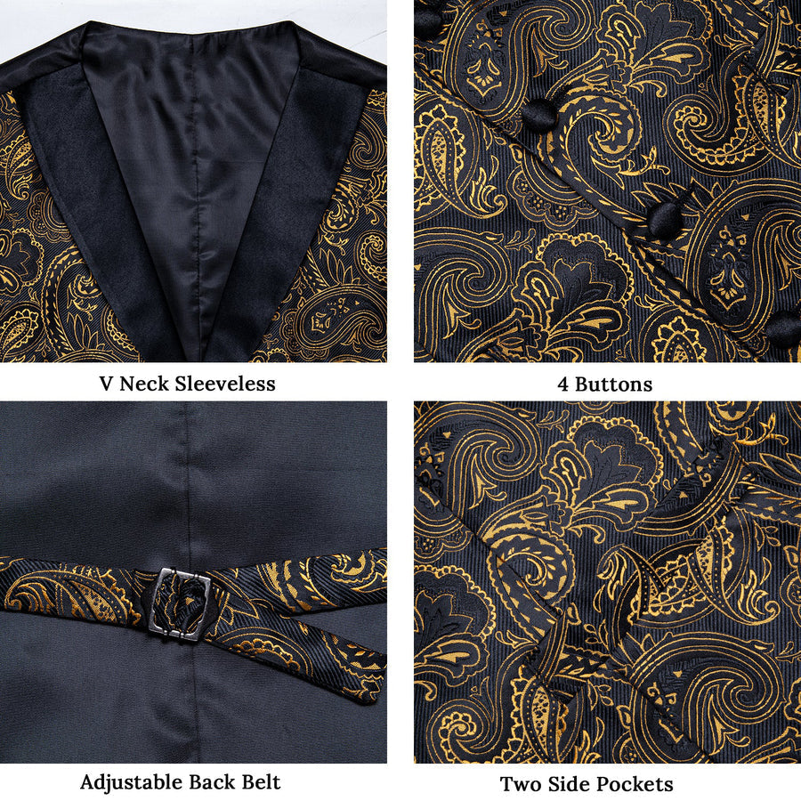 Black Collar Black Gold Paisley Jacquard V Neck Vest Set vest set    - Sophisticated Gentlemen