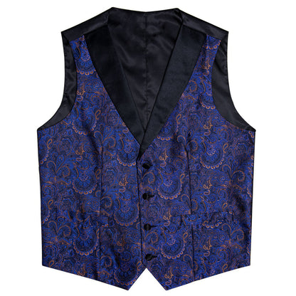 Black Collar Blue Paisley Jacquard V Neck Vest Set vest set    - Sophisticated Gentlemen