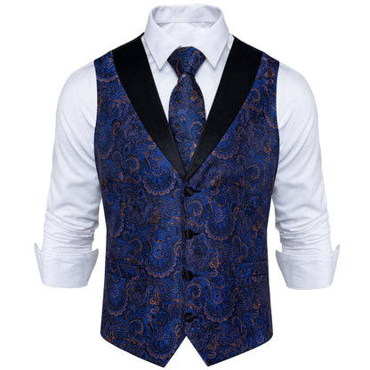 Black Collar Blue Paisley Jacquard V Neck Vest Set vest set    - Sophisticated Gentlemen