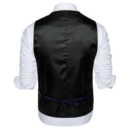 Black Collar Blue Paisley Jacquard V Neck Vest Set vest set    - Sophisticated Gentlemen