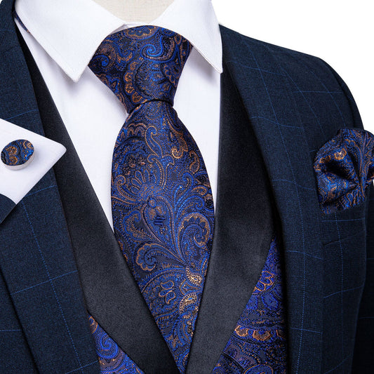 Black Collar Blue Paisley Jacquard V Neck Vest Set vest set S (Chest 40")   - Sophisticated Gentlemen