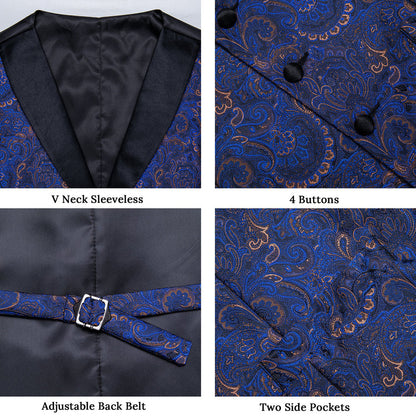 Black Collar Blue Paisley Jacquard V Neck Vest Set vest set    - Sophisticated Gentlemen