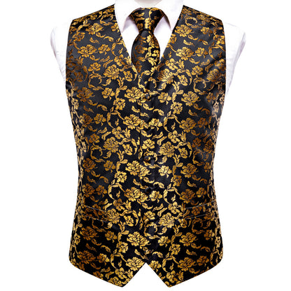Black and Gold Peony Flower Vest Set vest set    - Sophisticated Gentlemen