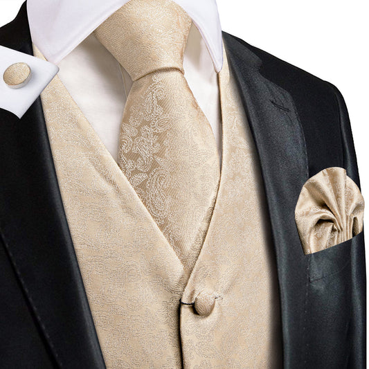 Champagne Paisley Silk Vest Set vest set S (Chest 40")   - Sophisticated Gentlemen