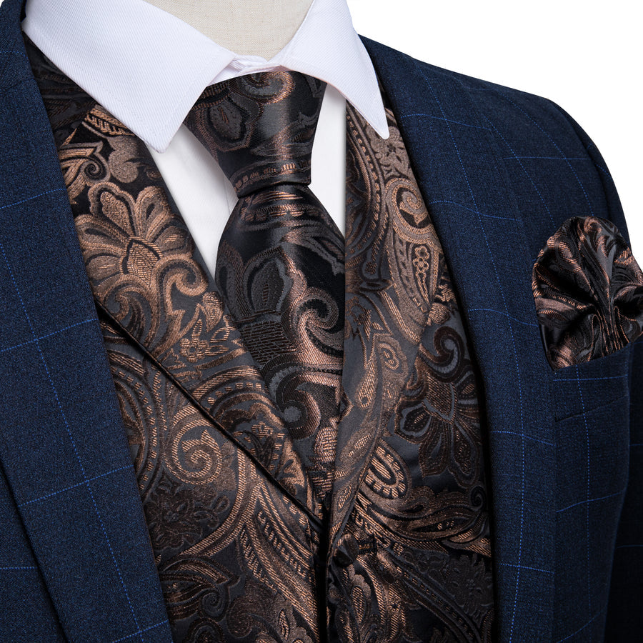 Brown Black Paisley Men's Collar Vest Set vest set S (Chest 40")   - Sophisticated Gentlemen
