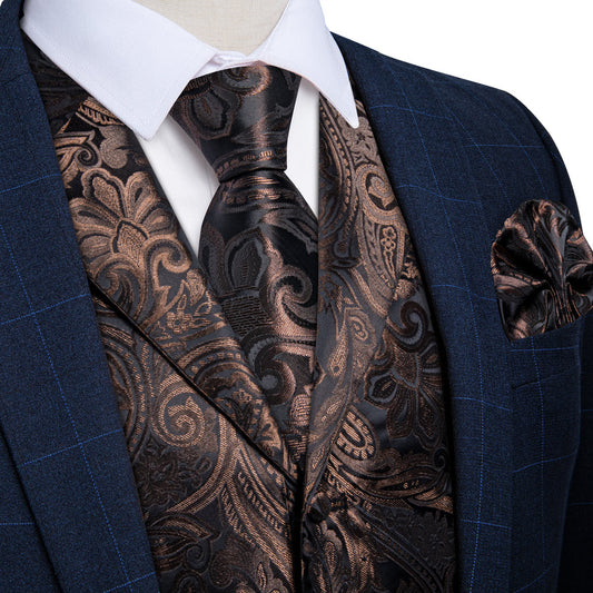 Brown Black Paisley Men's Collar Vest Set vest set S (Chest 40")   - Sophisticated Gentlemen