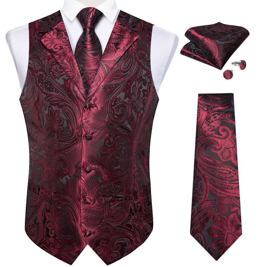 Deep Red Paisley Men's Collar Vest Set vest set    - Sophisticated Gentlemen