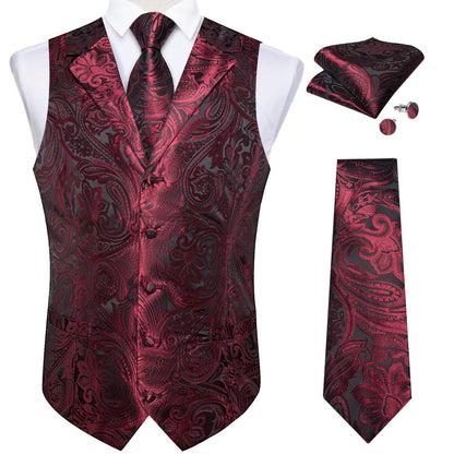 Deep Red Paisley Men's Collar Vest Set vest set    - Sophisticated Gentlemen