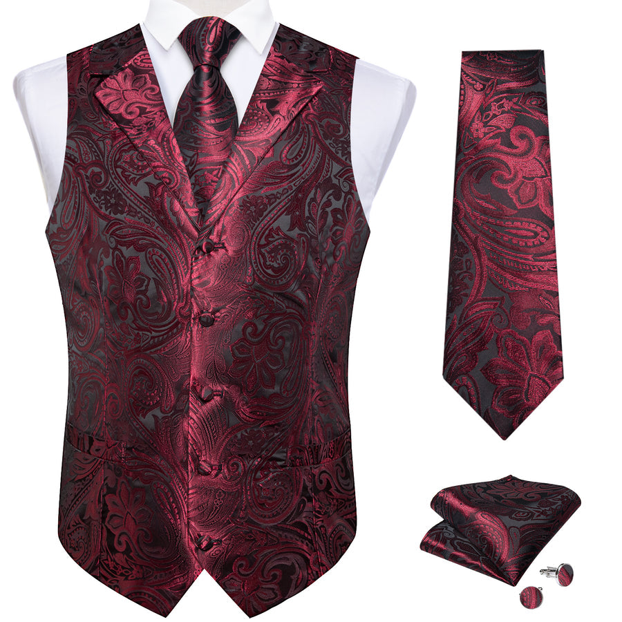 Deep Red Paisley Men's Collar Vest Set vest set    - Sophisticated Gentlemen