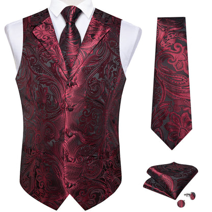 Deep Red Paisley Men's Collar Vest Set vest set    - Sophisticated Gentlemen