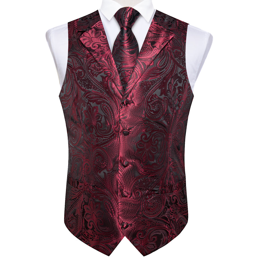Deep Red Paisley Men's Collar Vest Set vest set    - Sophisticated Gentlemen