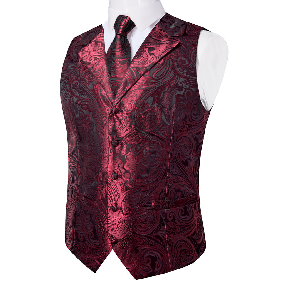 Deep Red Paisley Men's Collar Vest Set vest set    - Sophisticated Gentlemen