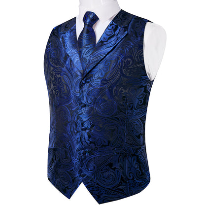 Royal Blue Paisley Men's Collar Vest Set vest set    - Sophisticated Gentlemen