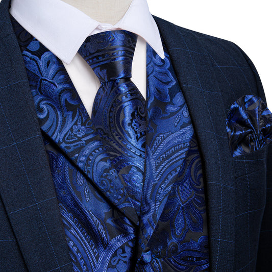 Royal Blue Paisley Men's Collar Vest Set vest set S (Chest 40")   - Sophisticated Gentlemen