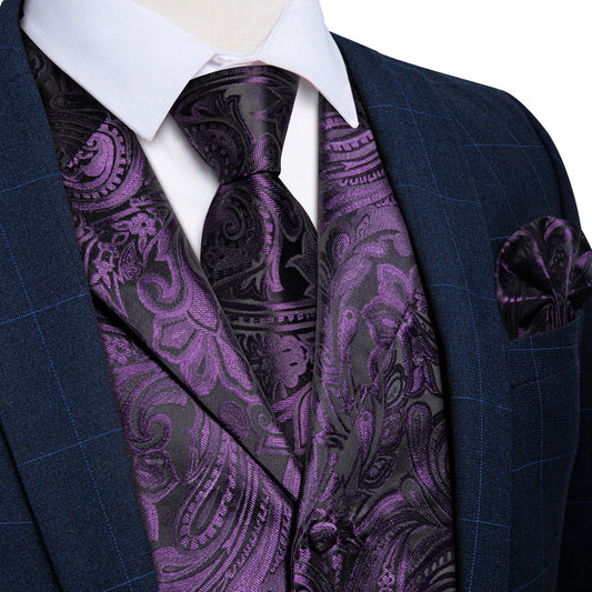 Deep Purple Paisley Men's Collar Vest Set vest set S (Chest 40")   - Sophisticated Gentlemen