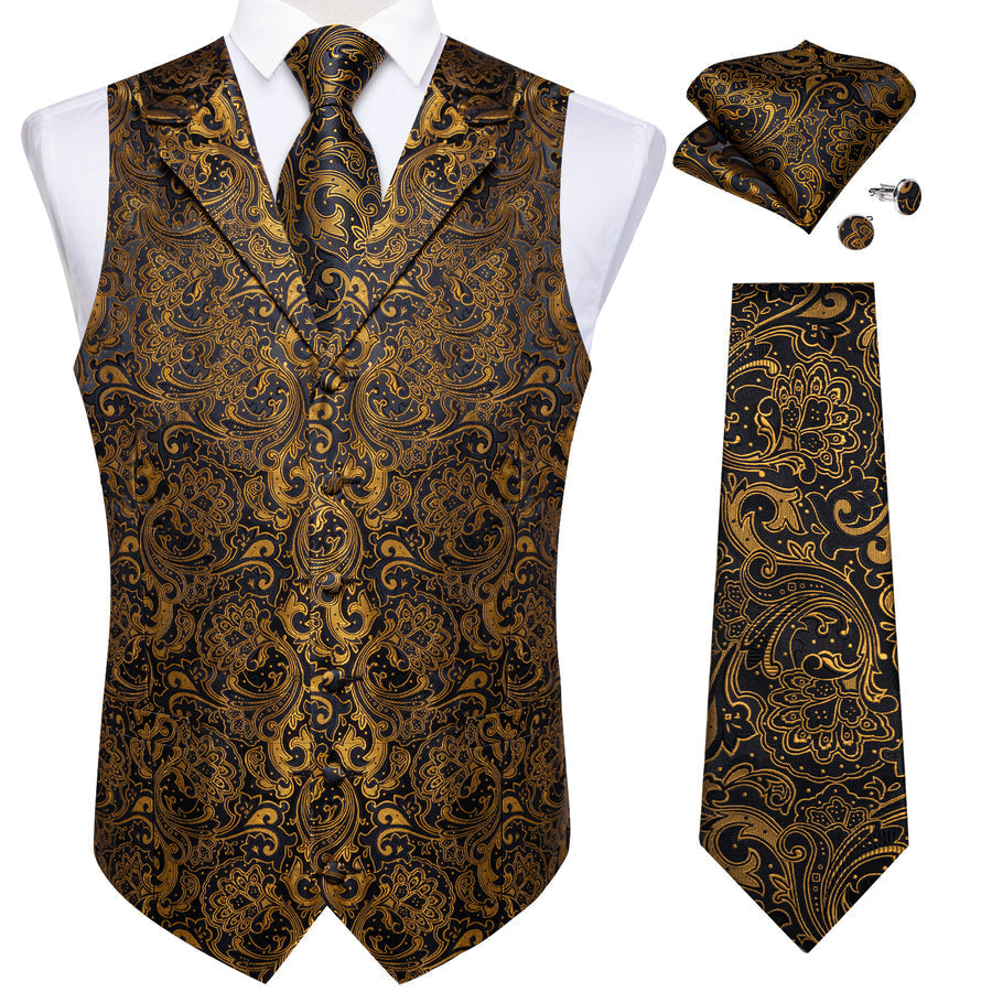 Golden Black Paisley Men's Collar Vest Set vest set    - Sophisticated Gentlemen