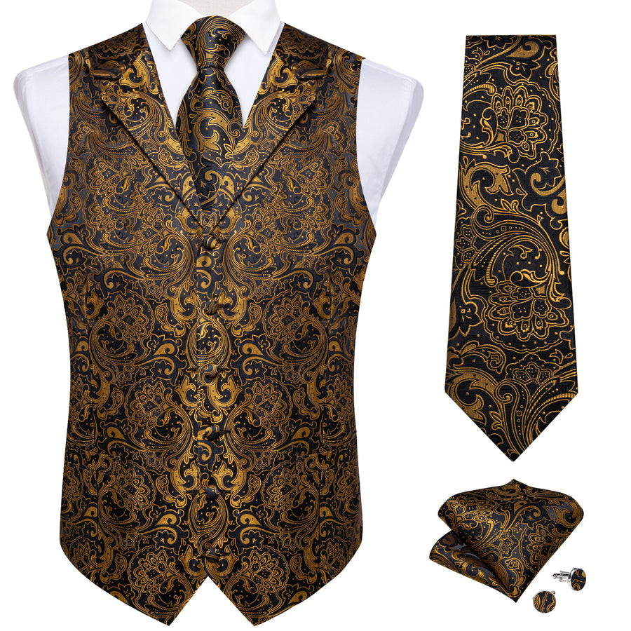 Golden Black Paisley Men's Collar Vest Set vest set    - Sophisticated Gentlemen