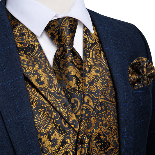 Golden Black Paisley Men's Collar Vest Set vest set S (Chest 40")   - Sophisticated Gentlemen