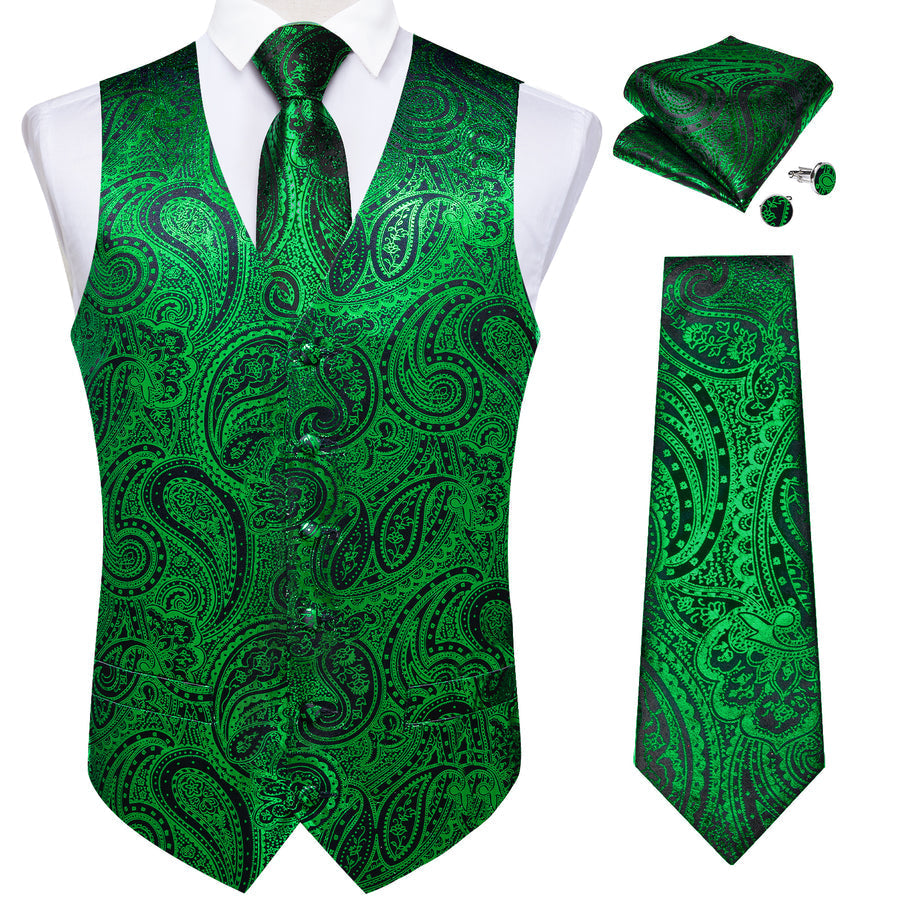 Green Black Paisley Silk Vest Set vest set    - Sophisticated Gentlemen